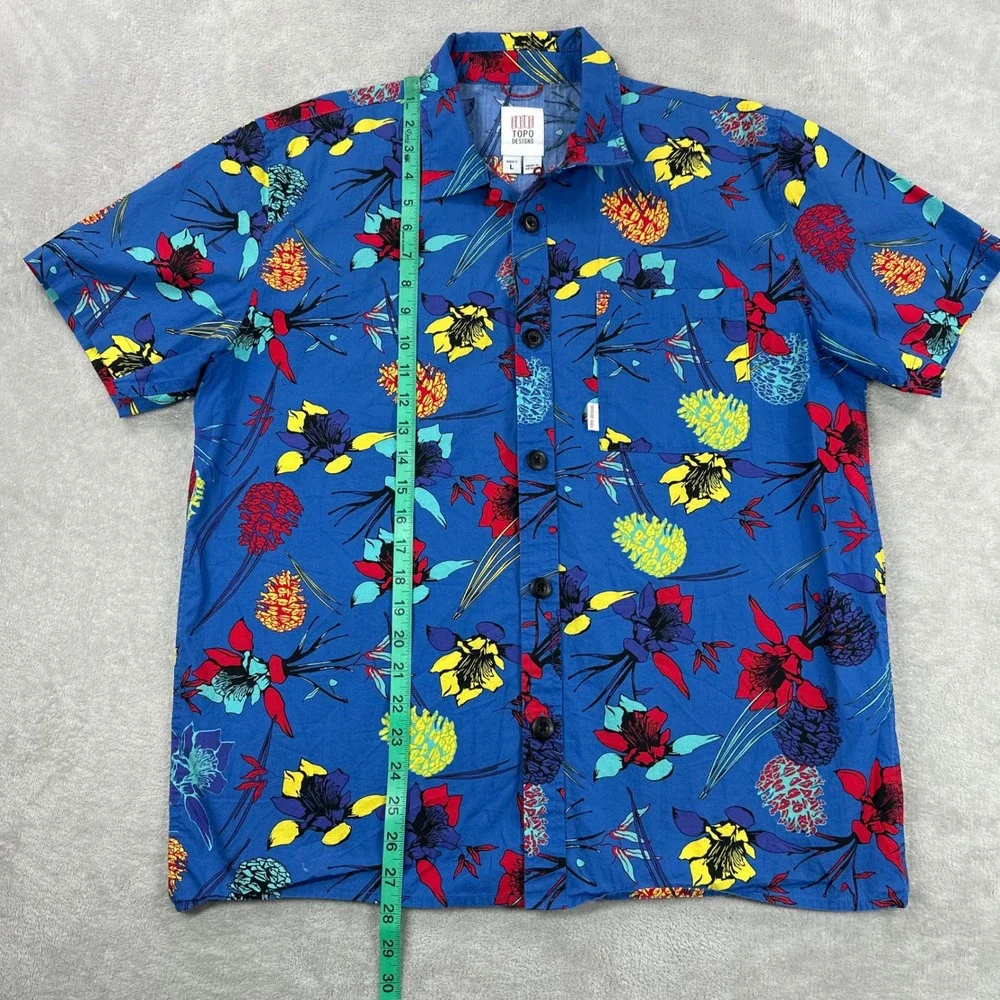 Topo Designs Shirt Men Large Blue Floral Short Sleeve Loop Collar Outdoor Casual - Picture 8 of 10